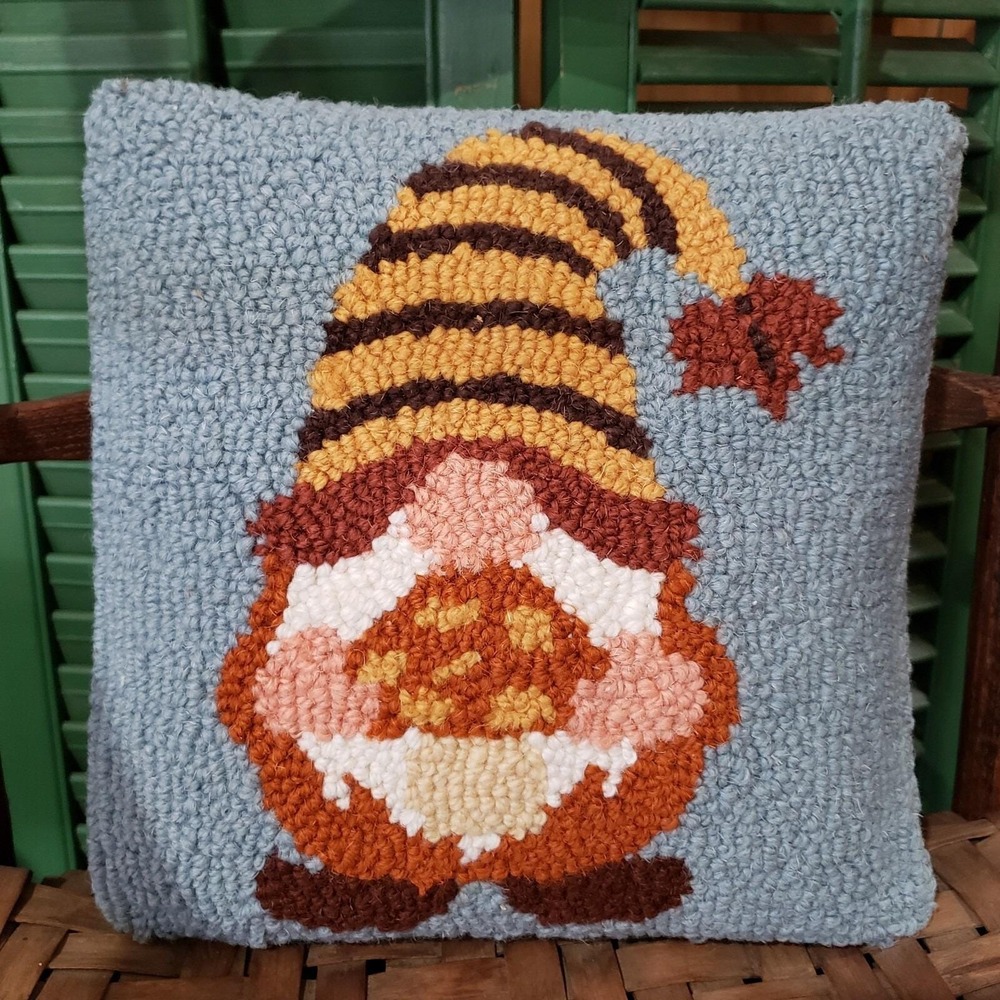 Gnome Mushroom with Striped Hat Wool Hooked Pillow 10x10" by‎ Peking Handicraft